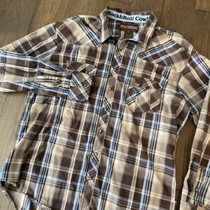 Rock 'N' Roll Cowboy Brand Men's XXL Brown Plaid Long Sleeve Button Up Shirt